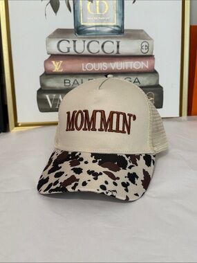 Mommin' Beige Mesh Trucker Hat with Cow Print Visor